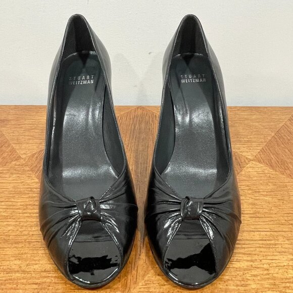 Stuart Weitzman Rita Pump 8M Black Leather High Heels Peep Toes Knot Shoes - Picture 4 of 14